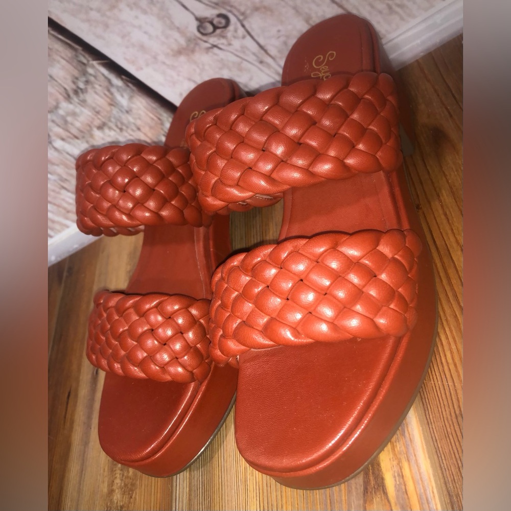 Seychelles Platform Sandal Block Heel Burnt Red Leather Braided Strap Womens 9